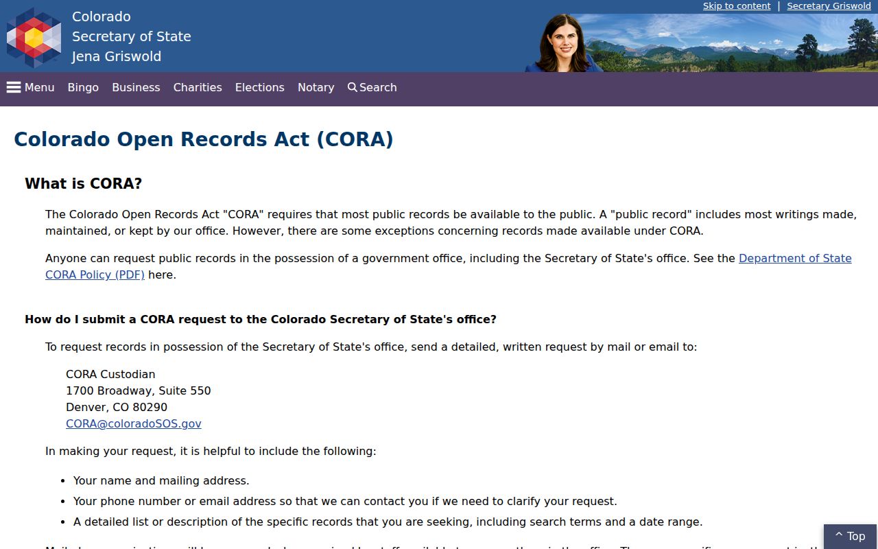 Colorado Secretary of State CORA summary page for public records access