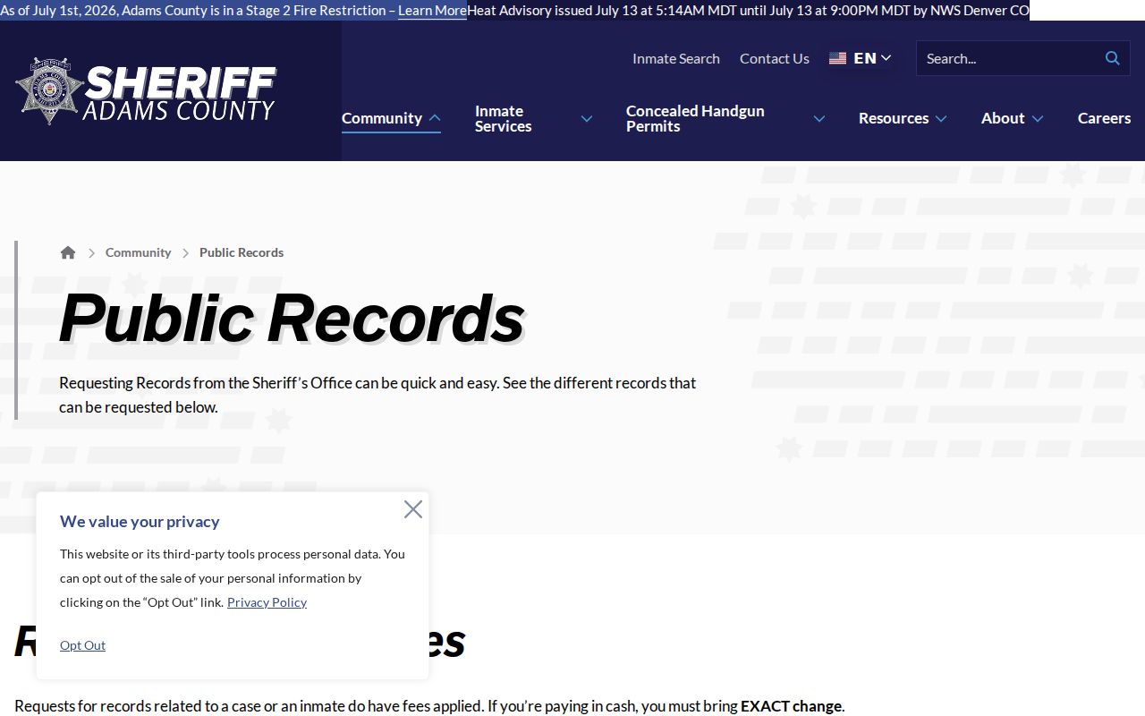 Adams County arrest records sheriff public records page