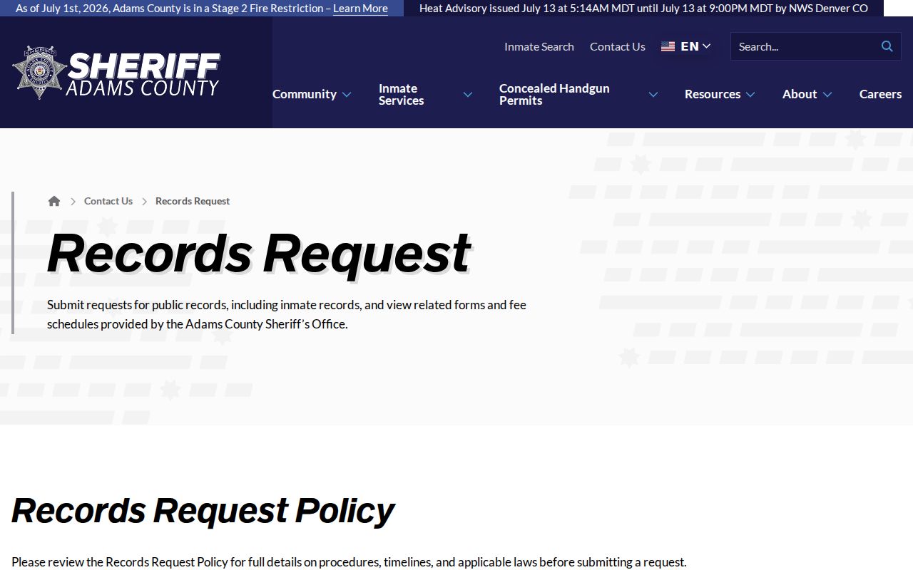 Adams County arrest records sheriff records request page