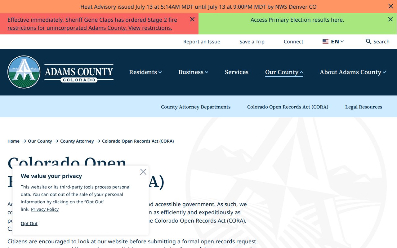Adams County court records CORA request page