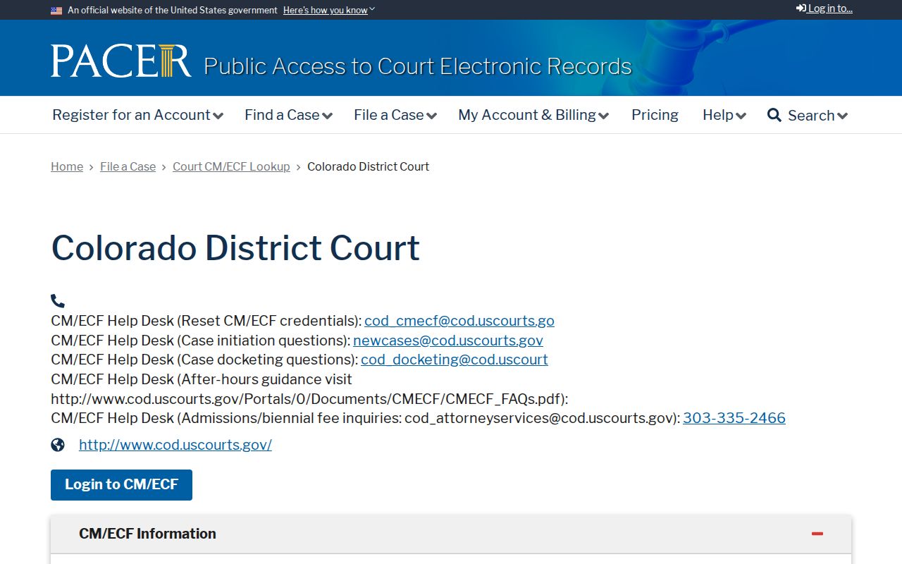 PACER court lookup page for the U.S. District Court for the District of Colorado