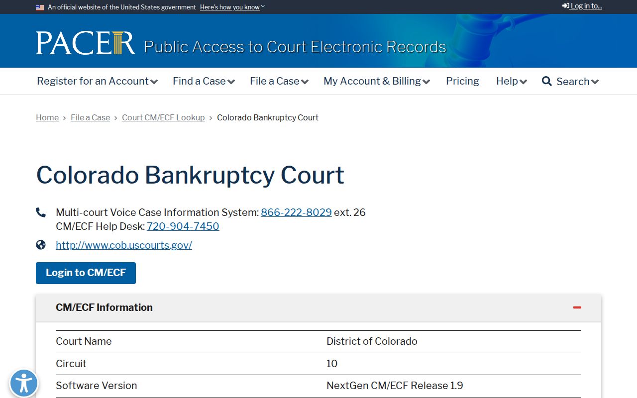 PACER court lookup page for Colorado Bankruptcy Court