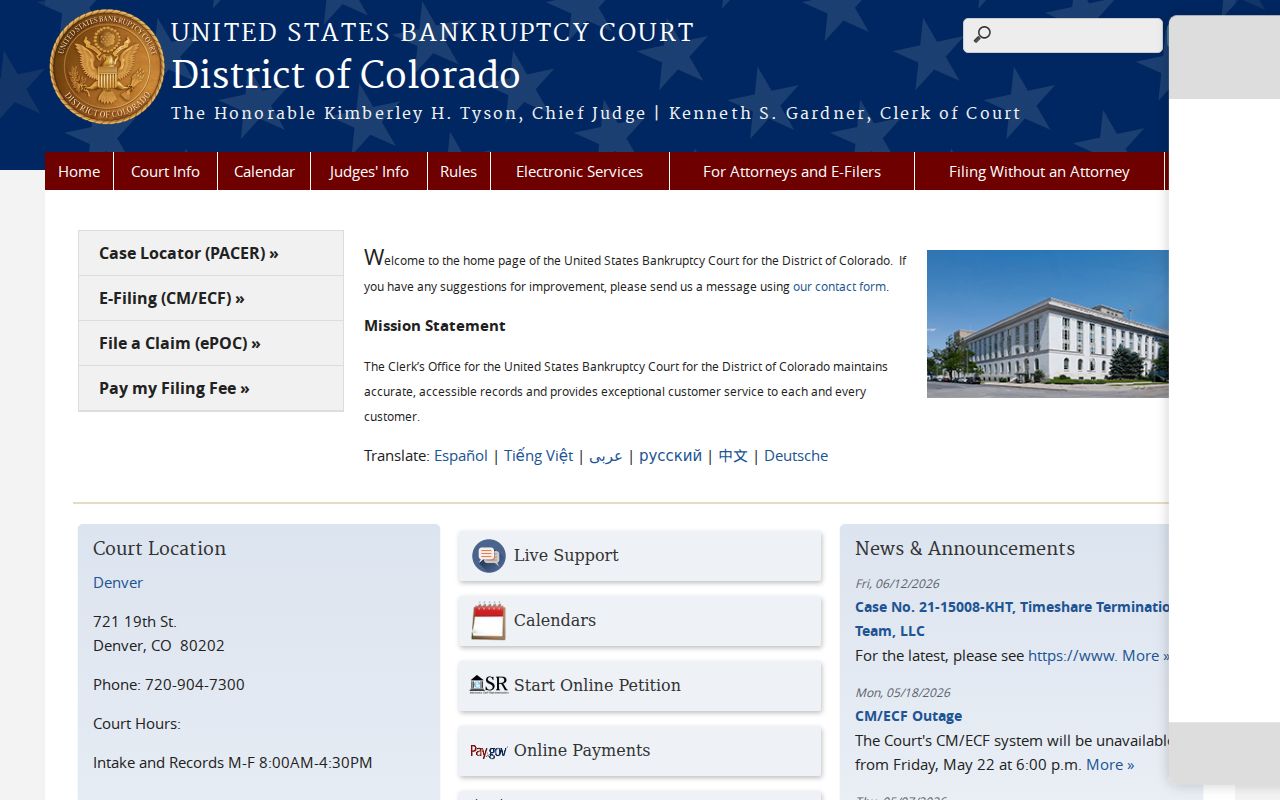 U.S. Bankruptcy Court for the District of Colorado homepage
