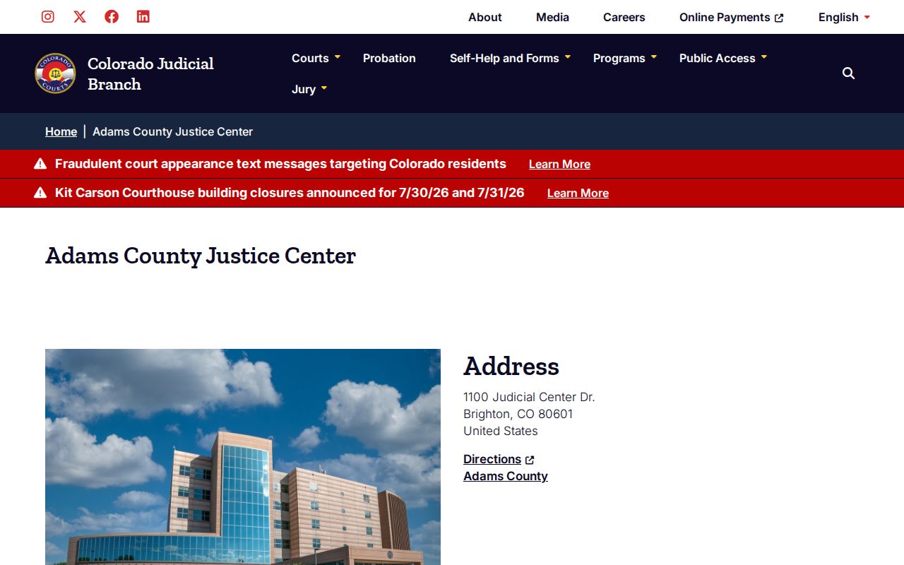Adams County court records Justice Center location page