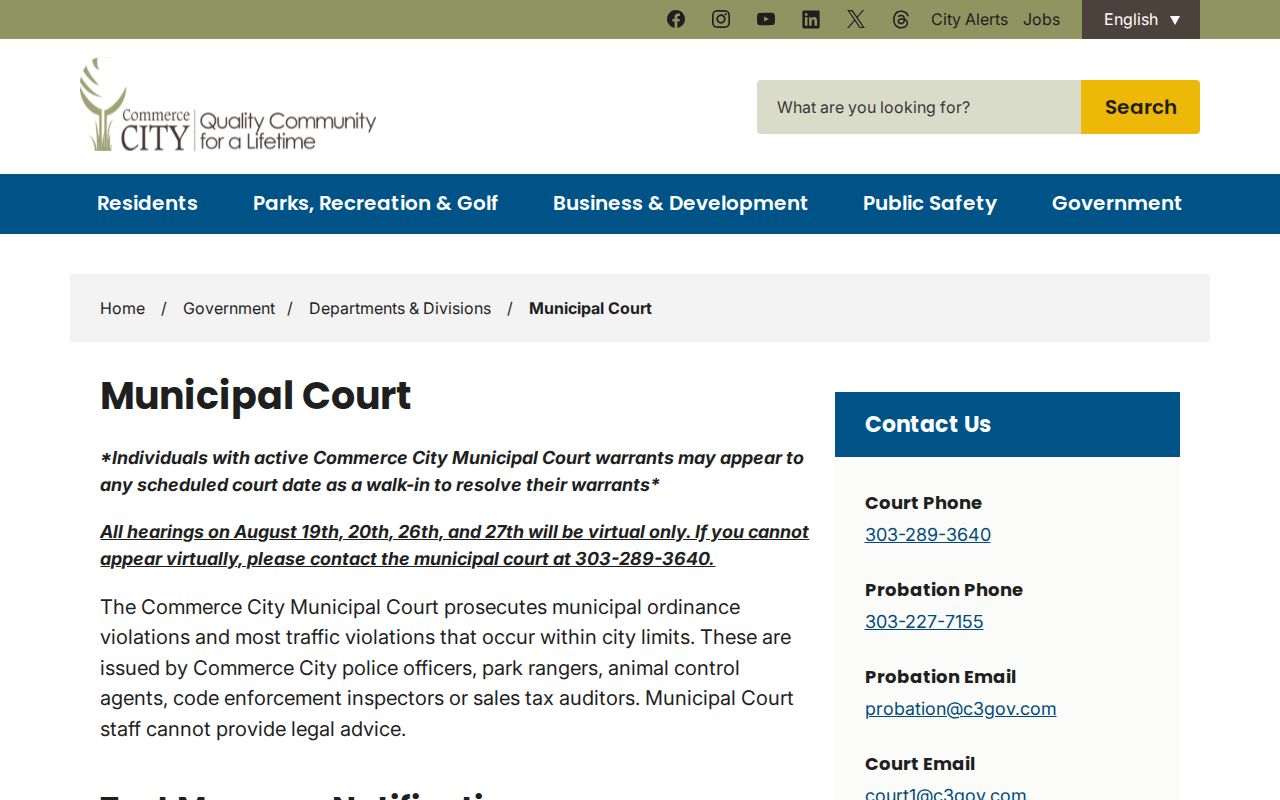Adams County court records Commerce City Municipal Court page