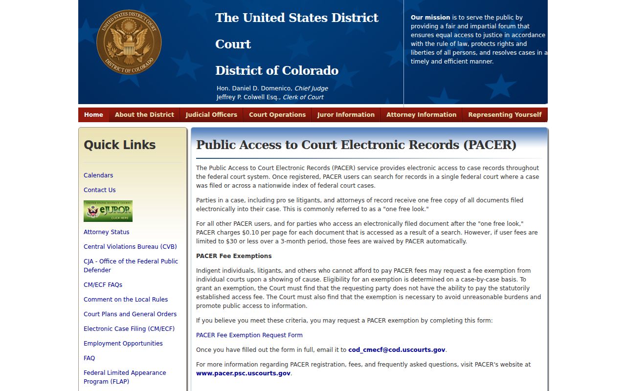 Adams County court records District of Colorado PACER information
