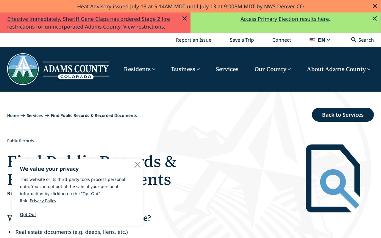 Adams County court records recorded documents service page