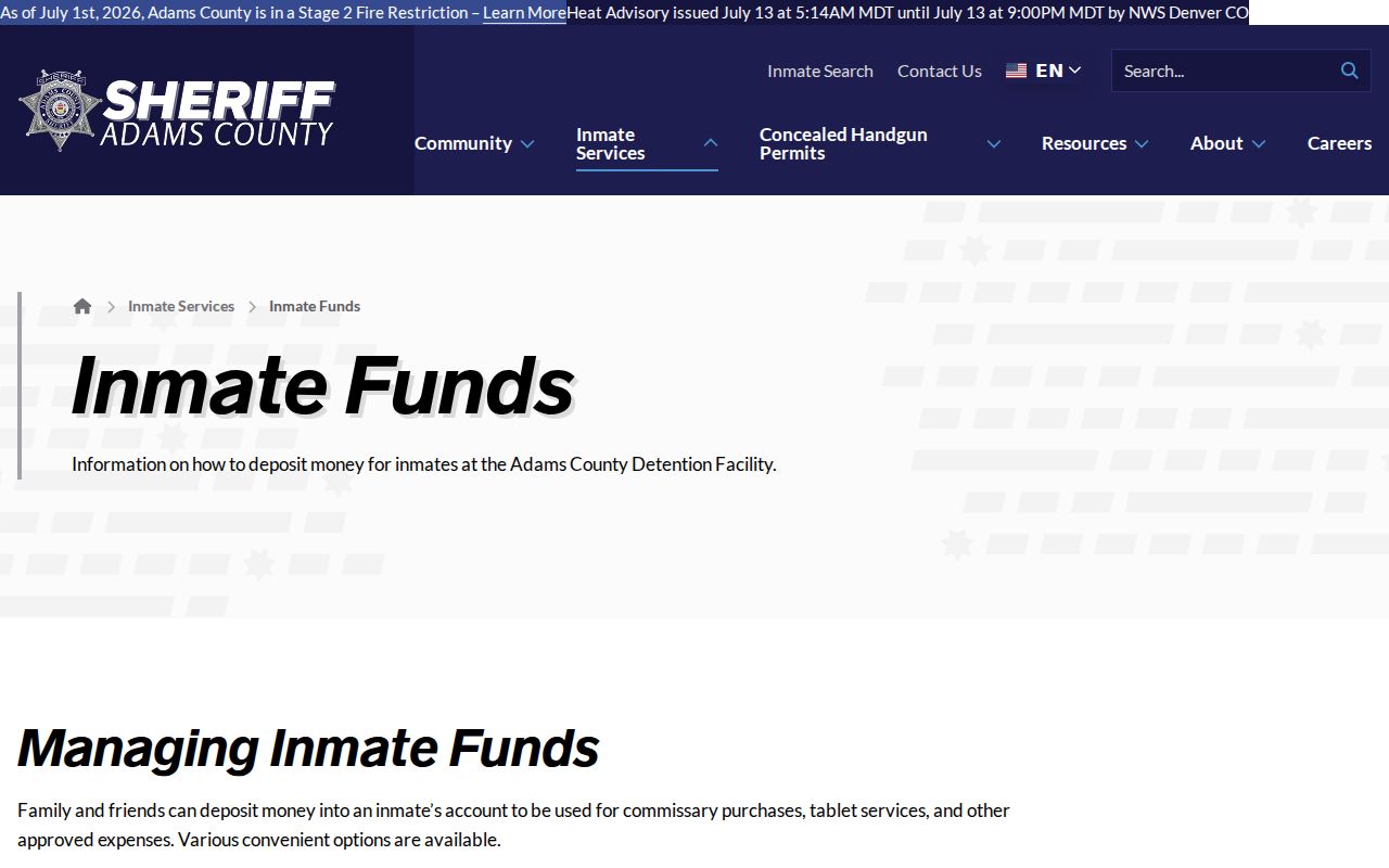 Adams County inmate records sheriff inmate funds page