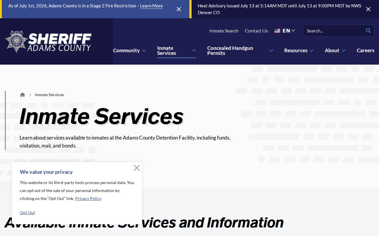 Adams County inmate records sheriff inmate services page