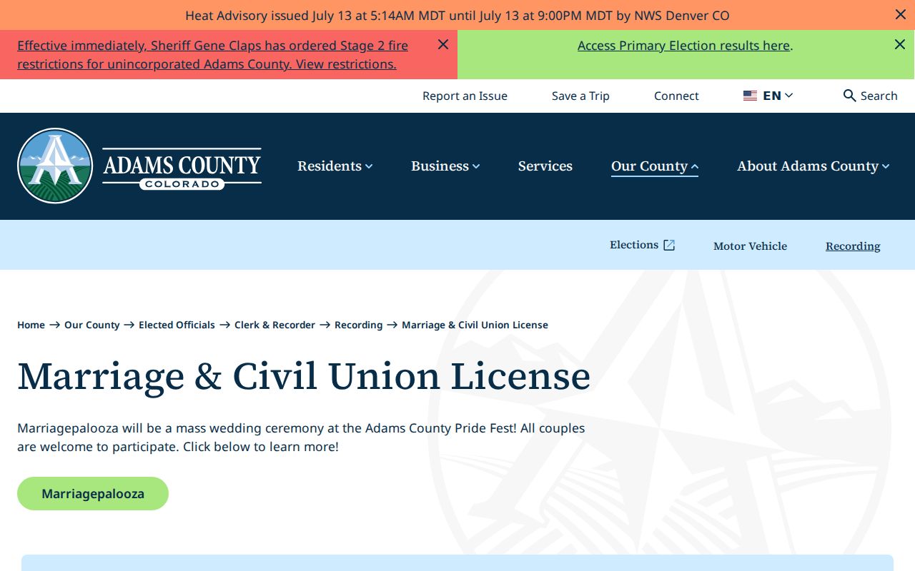 Adams County marriage divorce records marriage and civil union license page