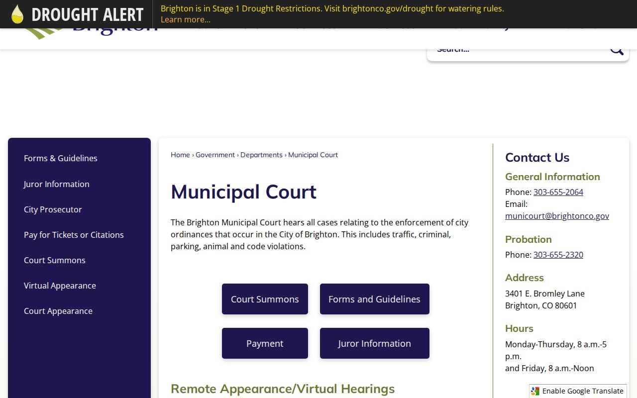 Adams County traffic court records Brighton Municipal Court page
