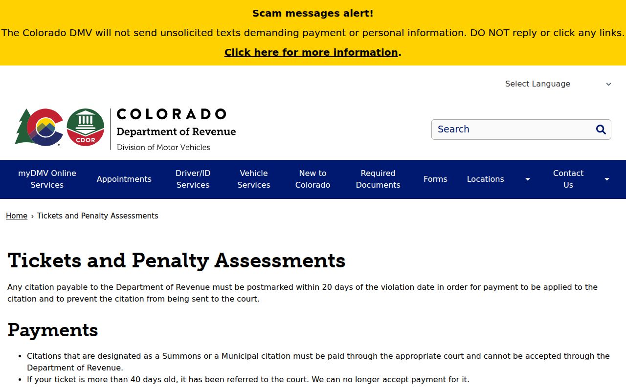 Adams County traffic court records Colorado DMV tickets and penalty assessments