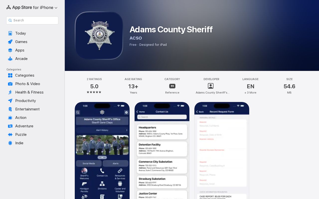 Adams County warrant records Apple sheriff app listing
