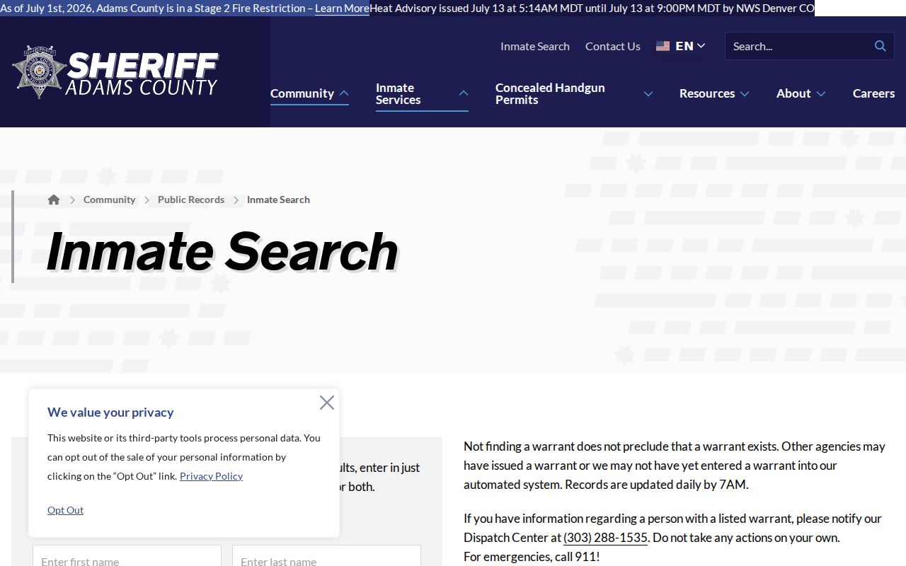 Adams County warrant records sheriff inmate and warrant search page